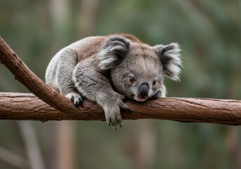 Obraz premium Close-Up of a Koala Relaxing on a Tree Branch Surrounded by Lush Green Foliage in Its Natural Habitat, Captured in a Peaceful Moment