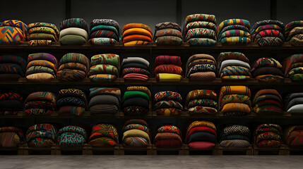 Fototapeta premium Colorful Patterned Textiles Displayed On Wooden Shelves