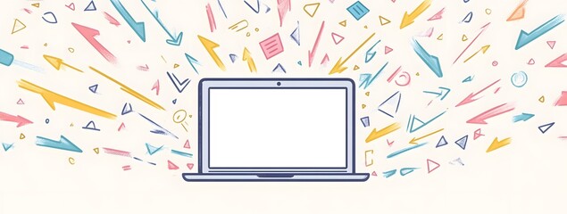 Colorful illustration of a laptop with a white screen, surrounded by digital marketing icons and colorful arrows on a light background.