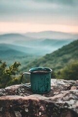 Serene mountain landscape featuring a rustic mug of coffee resting on a rocky ledge at dawn