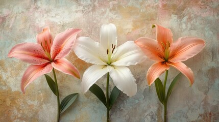 Delicate lilies in peach and white hues against a textured backdrop.