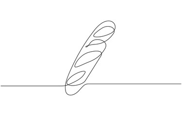 One continuous line drawing of long loaf bread. Simple black line sketch of French baguette, Bakery pastry products continuous one line illustration. Editable stroke.