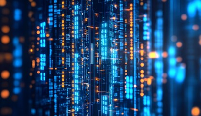 Digital technology background with circuit board and binary code, creating an abstract representation of data transfer in the digital age. 