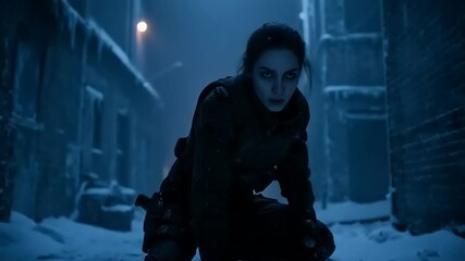 Mysterious figure crouching in a snow-covered urban alley at night, illuminated by streetlight - Powered by Adobe