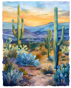 Cactus And Succulents in Watercolor Style