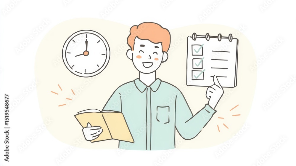 Poster young man smiling while holding a book and checklist next to a clock, emphasizing productivity and t