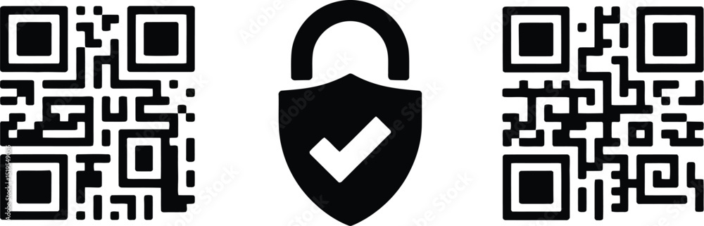 Poster two qr codes flanking a black padlock with a checkmark on a white background in a digital image