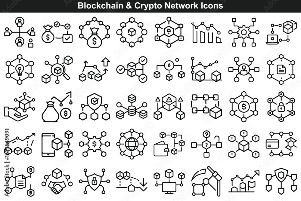 Aufkleber blockchain and crypto network icon set featuring decentralized systems and technologies