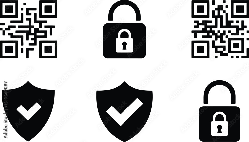 Poster illustration of qr codes, security locks, and shields with check marks in a black and white design