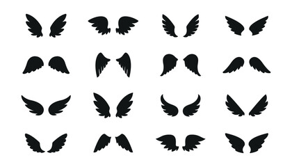 Set of black wings icons. Wings icons. Bird wings, angel wings elements. Wing collection in different shape. Wings badges. Vector illustration