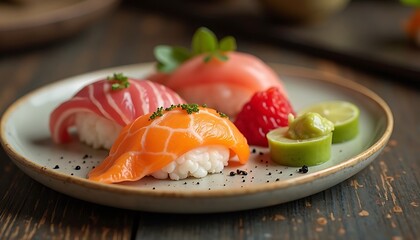 Sushi Assortment with Lime and Raspberry