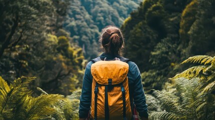 wide panoramic travel banner background with isolated female traveler girl with backpack standing on top of mountain and looking at mountain valley
