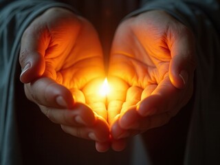 Light through the palms of your hands in ultraviolet, God and religion. Divine light through hand fingers, prophet Muhammad.