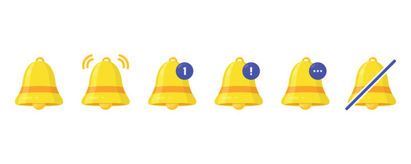 Notification bell icon set. New message notification icon. Incoming inbox message. Alarm symbol. Ringing bells, new notification for clock and smartphone, alarm alert. Vector illustration