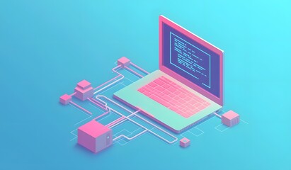 Isometric illustration of a laptop with code on the screen and a connected network, a data flow diagram, against a blue background with a light neon color palette,