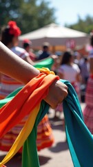A dancer hands grasp colorful ribbons as they engage in a Mexican folk dance, showcasing vibrant colors and festive energy filled with cultural pride.