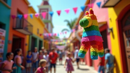 A vibrant  Pinata  brightly colored hangs under an arch as excited children surround it during a lively celebration in a colorful street filled with decorations.
