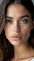 beautiful woman with long brown hair and a light brown face. She has a nice smile and is wearing makeup