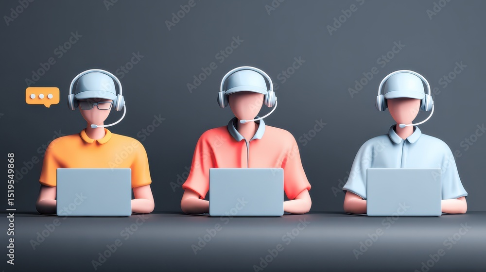 Poster three cartoon characters in headsets working on laptops in a minimalistic office environment