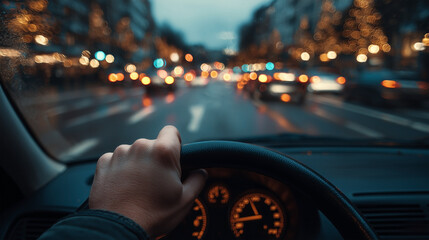 A person is driving a car and is looking at the road