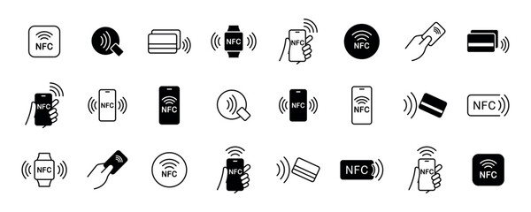 Nfc icon set. Contactless wireless pay sign logo. NFC payments icon for apps. Contactless NFC payment sign. NFC payment with smartphone icons. Vector illustration
