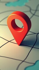 A flat-shaded 3D location pin icon with subtle parallax effect, bright red, hovering over a minimalist map .