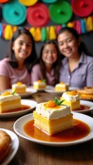 Three friends gather around a table filled with scrumptious Mexican desserts, including tres leches cake and churros, celebrating together in a colorful setting.