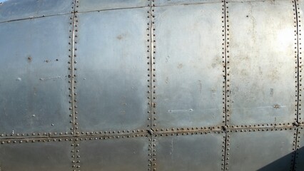 Old metal silver surface of the aircraft fuselage with rivets.