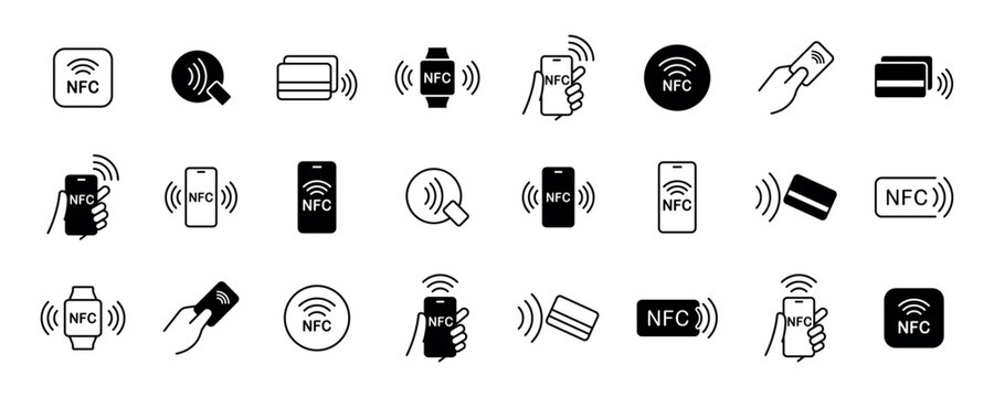 Nfc icon set. Contactless wireless pay sign logo. NFC payments icon for apps. Contactless NFC payment sign. NFC payment with smartphone icons. Vector illustration