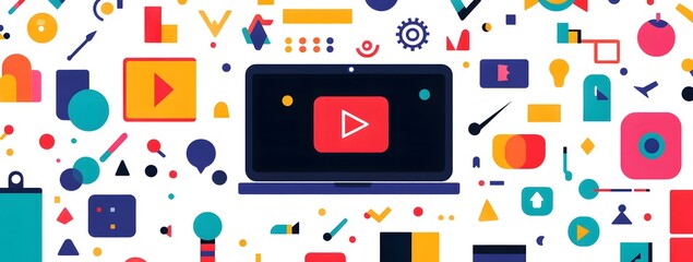 Laptop with colorful icons and symbols representing digital marketing, on a white background, in a vector illustration style. The laptop is centered in the middle of an abstract geometric 