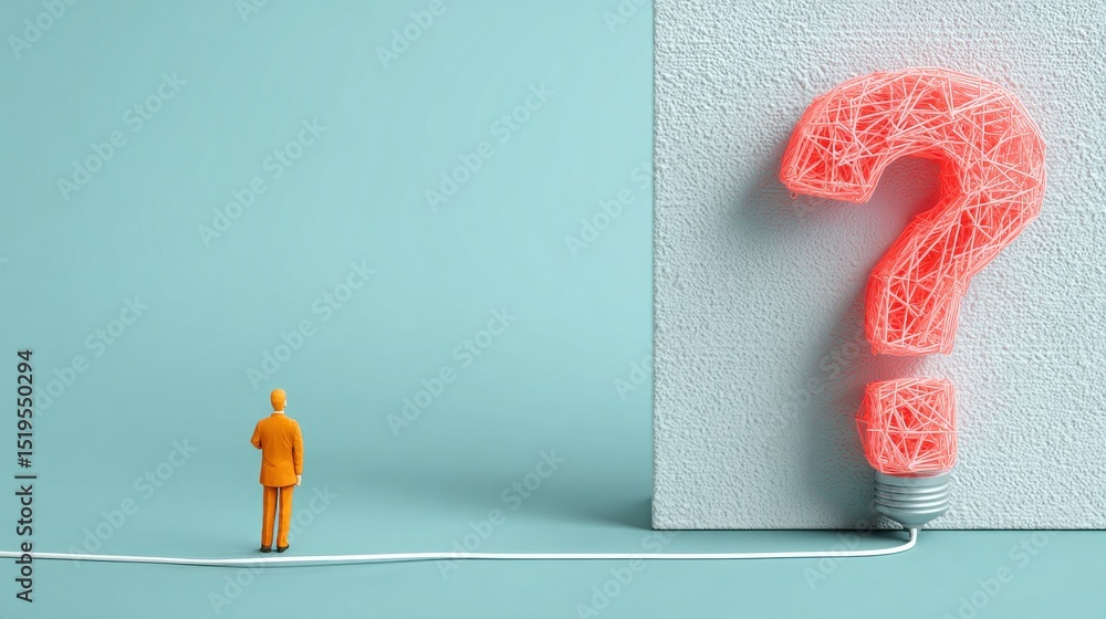 Poster conceptual image of a small figure facing a large question mark symbolizing inquiry, uncertainty, an