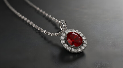 A silver necklace with a red gemstone pendant and a halo of smaller diamonds,generative.ai
