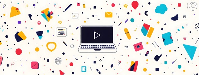 Laptop with colorful icons and symbols representing digital marketing, on a white background, in a vector illustration style. The laptop is centered in the middle of an abstract geometric 