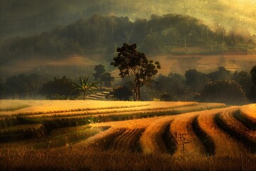 Fototapeta premium Golden Field under the Misty: A panoramic vista unfolds, with a landscape of undulating wheat fields bathed in the golden light of dawn, while rolling hills disappear into the mist.