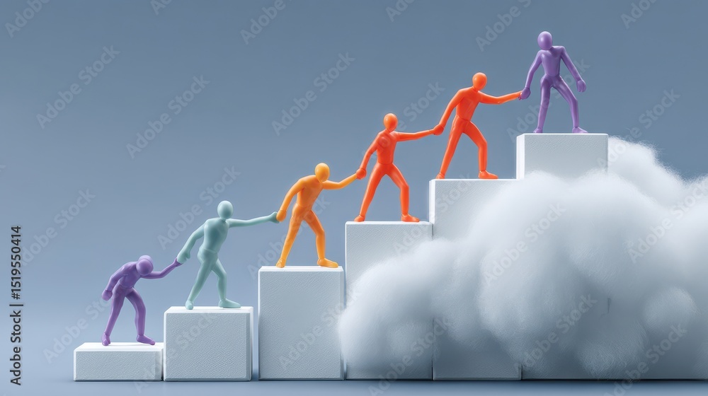Poster colorful 3d figures climbing stacked blocks against cloudy background representing teamwork and prog