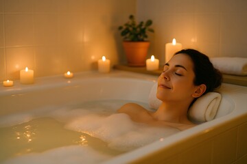 Relaxed woman enjoying a bubble bath by candlelight in a cozy bathroom