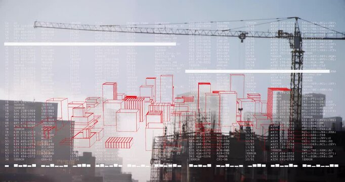 Streaming code driving cubes clustering above scaffolding, forming wireframe cityscape under crane