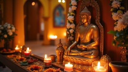 Fototapeta premium Vesak, Buddha Purnima. Gold statue of Buddha sits on a table with candles lit around it. The scene is serene and peaceful
