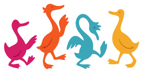 Ducks illustration, colorful minimalist style, mid-century modern, childlike shapes, whimsical character design, no outlines, solid colors, stylized proportions