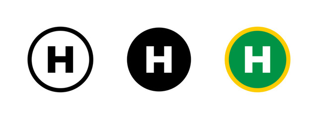 Helipad icon. Capital H letter inside a circle indicating helicopter landing zone vector. Aviation airfield marker for vertical takeoff and landing transport symbol. Emergency flight sign.