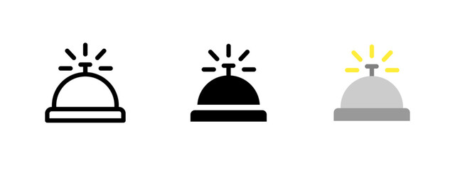 Bell icon. Hotel service bell with sound rays indicating a call for attention vector. Used at reception desks in hospitality or customer support contexts symbol. Concierge and front desk sign.