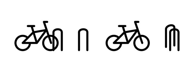 Bicycle parking icon. Secure bike rack with parked bicycle vector. Urban infrastructure element for locking and storing bikes safely in public areas symbol. Transport stand pictogram.