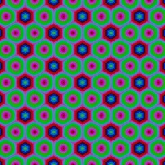 bold seamless pattern of concentric hexagons in red, green, blue, and magenta with central star motifs creating a psychedelic effect