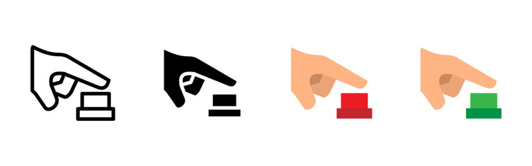 Hand button icon. Finger pressing red and green push buttons vector illustration. Control panel interaction and emergency action symbol. Power switch and signal command sign.