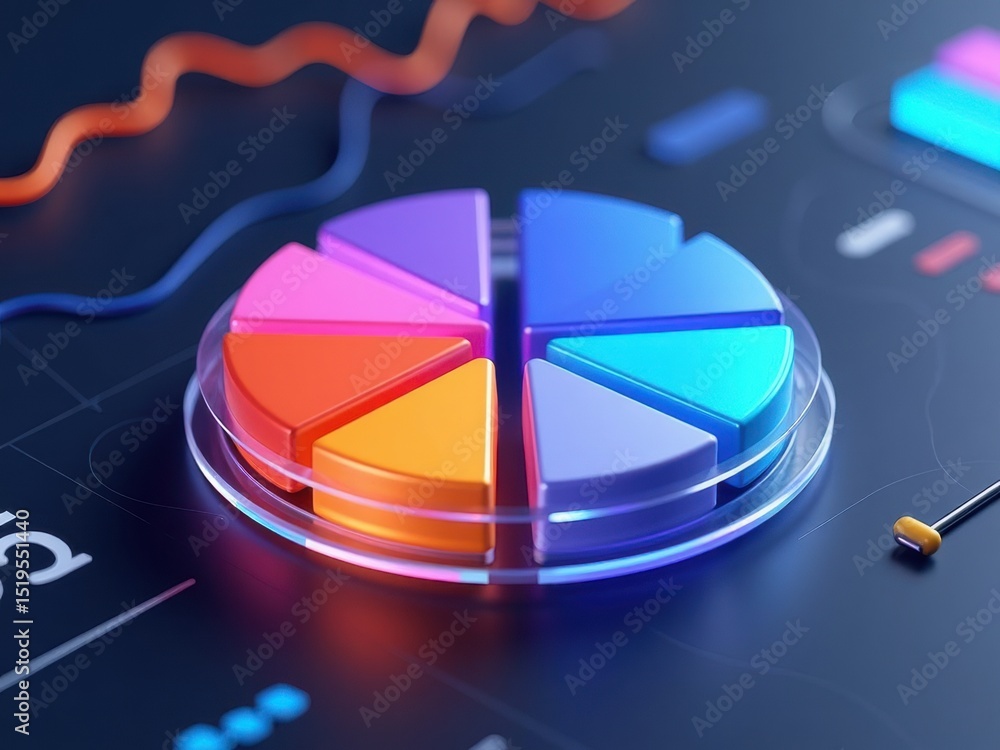 Poster a 3d icon of a pie chart with glowing segments in corporate colors, hovering over a sleek dashboard,