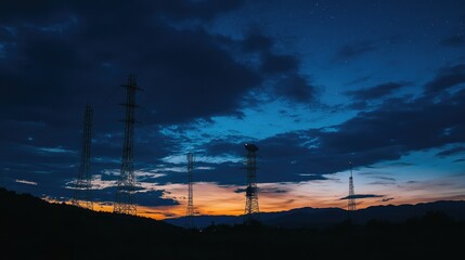 Silhouette of power lines and communication towers against a vibrant sunset sky.