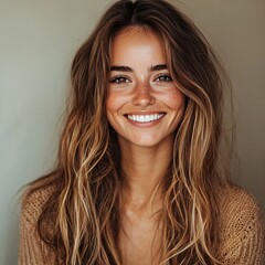 Naklejka premium Joyful woman smiling in neutral tones indoor portrait lifestyle photography warm environment close-up view happiness concept
