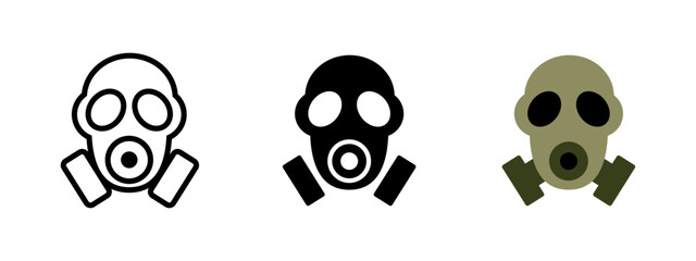Gas mask icon. Protective face gear with dual filter cartridges and circular eye lenses vector illustration. Used in chemical safety, military defense, and hazardous environments.