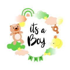 Naklejka premium It's a boy, the inscription is written in calligraphy and decorated with a pacifier, a bear, an elephant, clouds, a sun, a rainbow, a balloon. Gender party concept