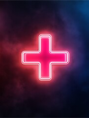 Fototapeta premium Neon Plus: Illuminated in vibrant hues, a neon plus sign glows against a blurred backdrop, symbolizing positivity and innovation.